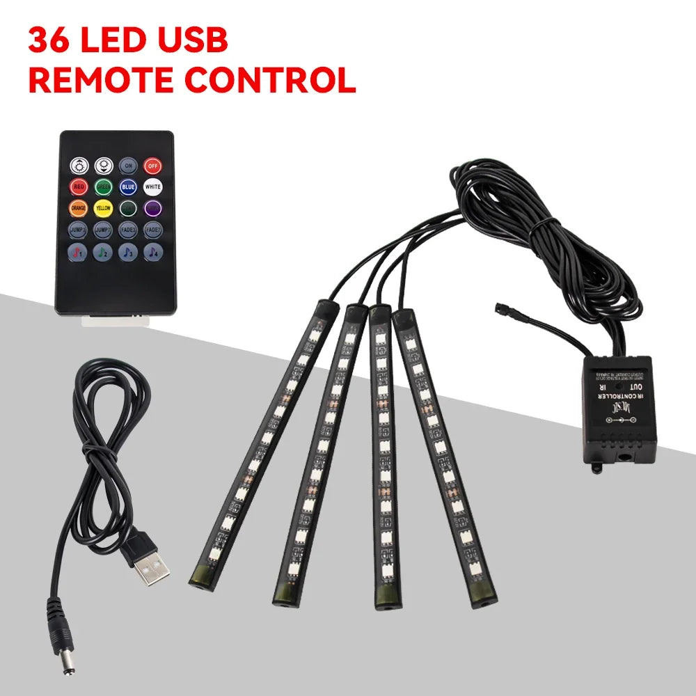 Car LED Interior Ambient Light Kit – 36/48/72 LED Multicolor Neon Strips with Remote & App Control”