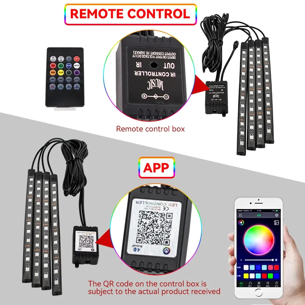 Car LED Interior Ambient Light Kit – 36/48/72 LED Multicolor Neon Strips with Remote & App Control”