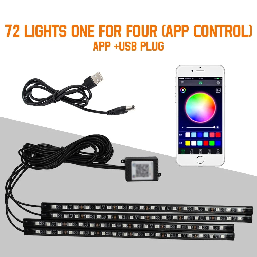 Car LED Interior Ambient Light Kit – 36/48/72 LED Multicolor Neon Strips with Remote & App Control”