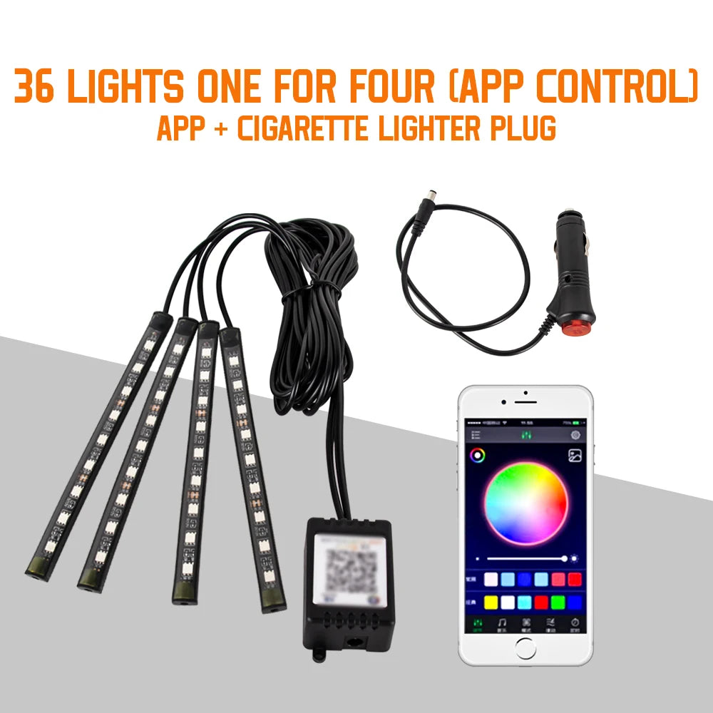 Car LED Interior Ambient Light Kit – 36/48/72 LED Multicolor Neon Strips with Remote & App Control”