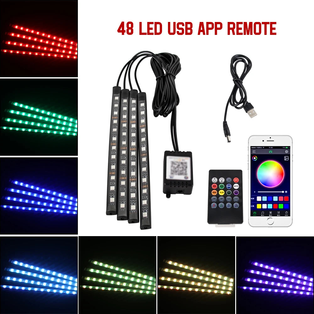 Car LED Interior Ambient Light Kit – 36/48/72 LED Multicolor Neon Strips with Remote & App Control”