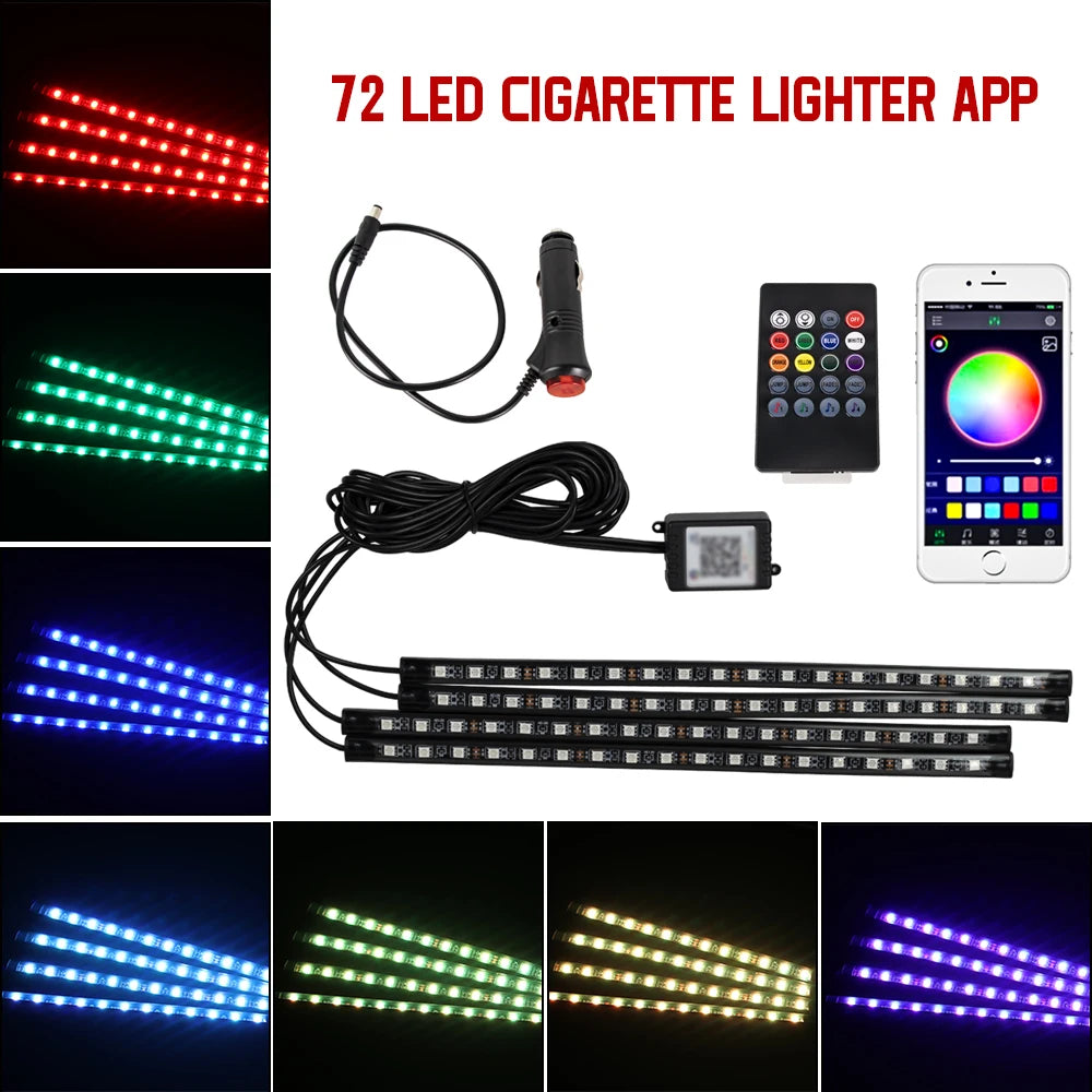 Car LED Interior Ambient Light Kit – 36/48/72 LED Multicolor Neon Strips with Remote & App Control”