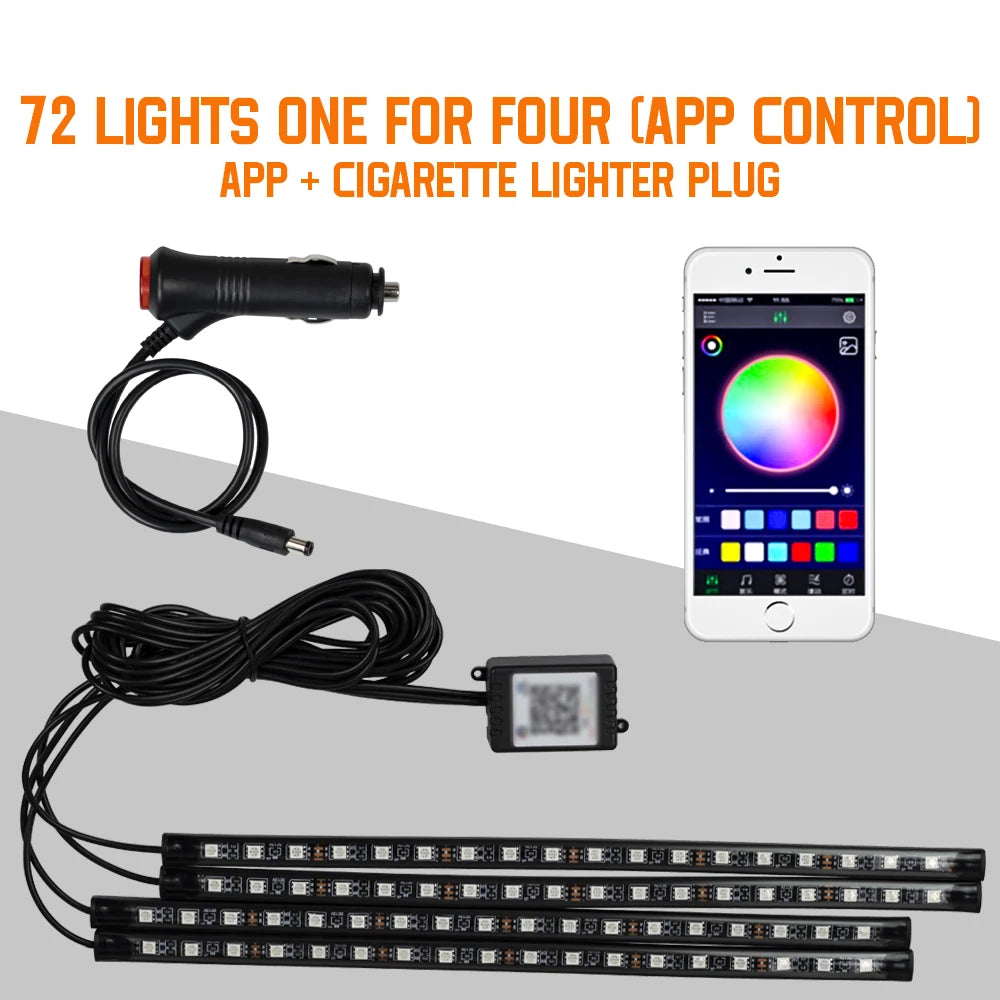 Car LED Interior Ambient Light Kit – 36/48/72 LED Multicolor Neon Strips with Remote & App Control”