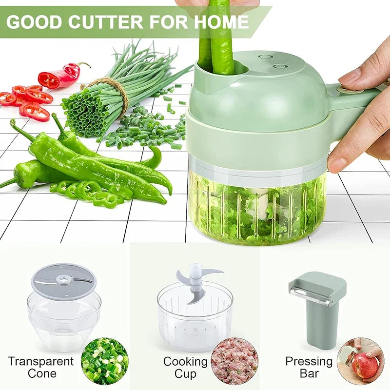 4-in-1 Handheld Electric Vegetable Cutter – Multifunctional Food Chopper, Slicer & Grinder”