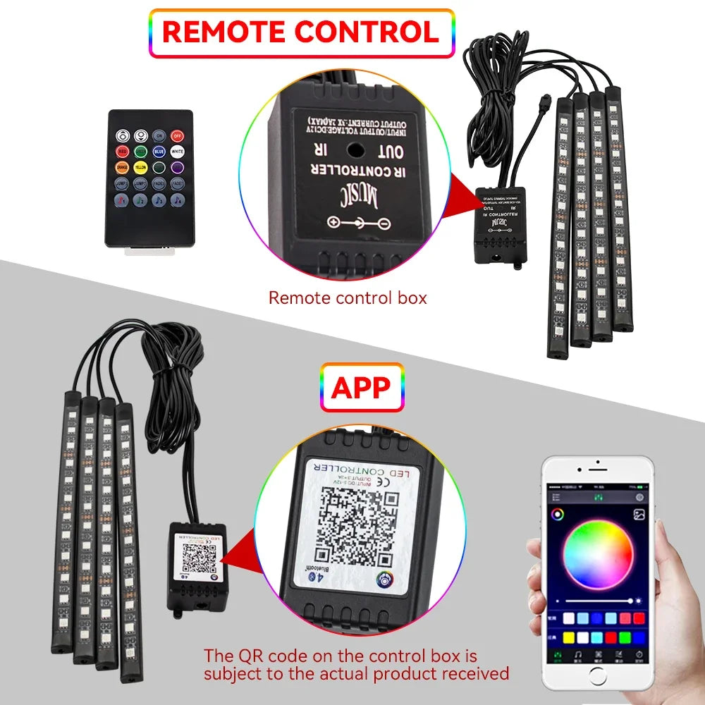 Car LED Interior Ambient Light Kit – 36/48/72 LED Multicolor Neon Strips with Remote & App Control”
