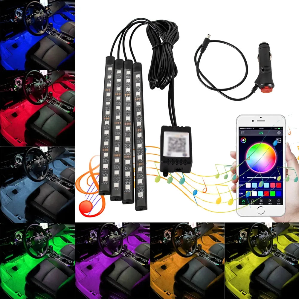 Car LED Interior Ambient Light Kit – 36/48/72 LED Multicolor Neon Strips with Remote & App Control”