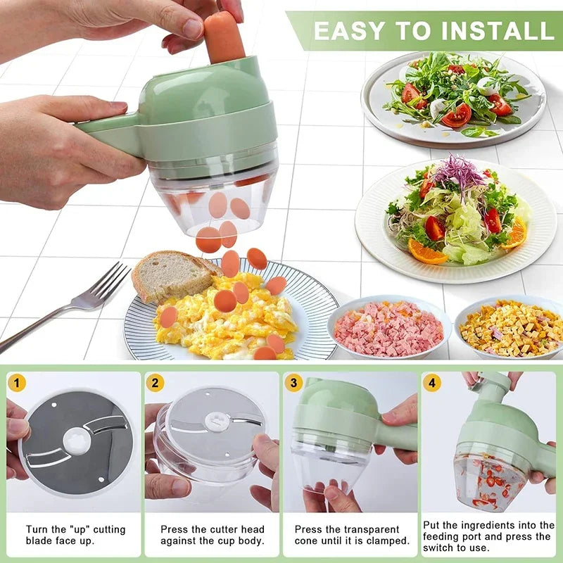 4-in-1 Handheld Electric Vegetable Cutter – Multifunctional Food Chopper, Slicer & Grinder”