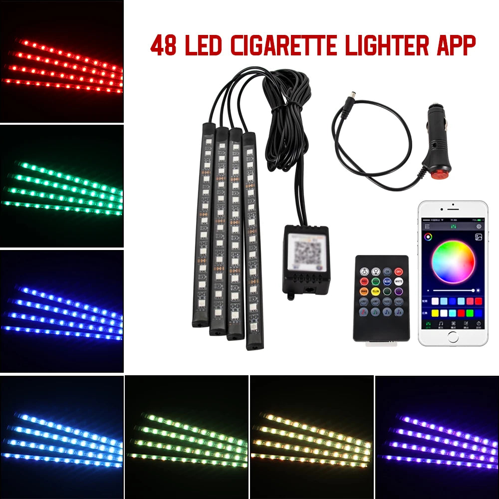 Car LED Interior Ambient Light Kit – 36/48/72 LED Multicolor Neon Strips with Remote & App Control”