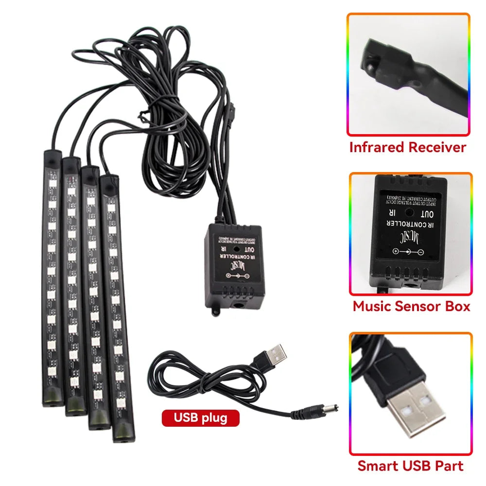 Car LED Interior Ambient Light Kit – 36/48/72 LED Multicolor Neon Strips with Remote & App Control”