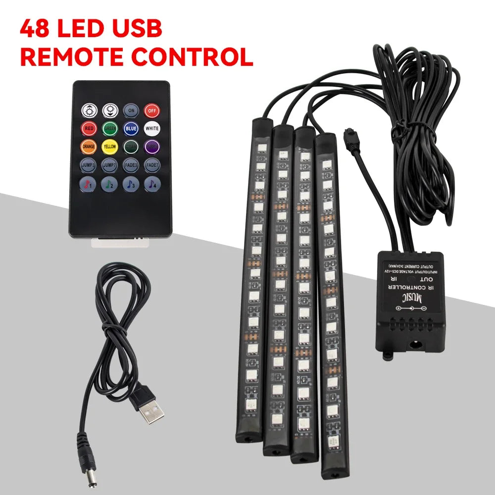Car LED Interior Ambient Light Kit – 36/48/72 LED Multicolor Neon Strips with Remote & App Control”