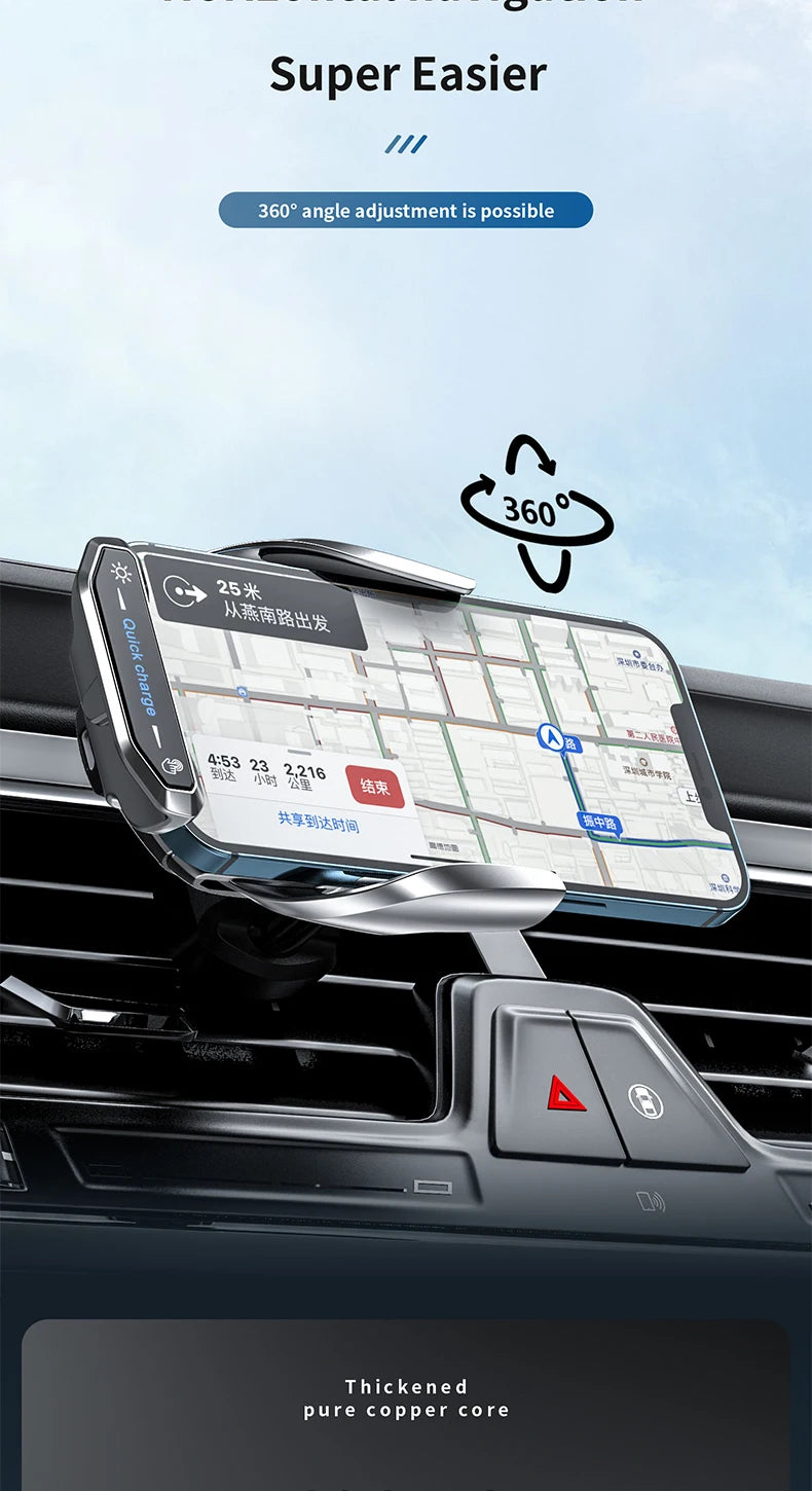 Wireless Car Charger Phone Holder – Fast Charging Air Vent & Dashboard Mount with Auto-Clamp”