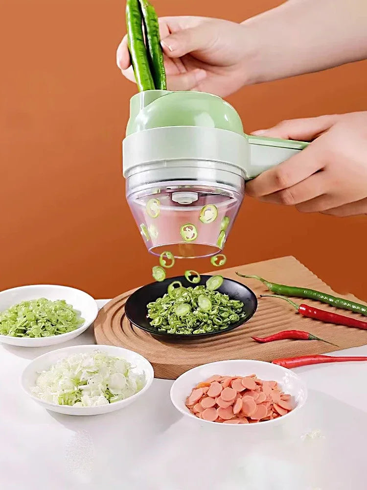 4-in-1 Handheld Electric Vegetable Cutter – Multifunctional Food Chopper, Slicer & Grinder”