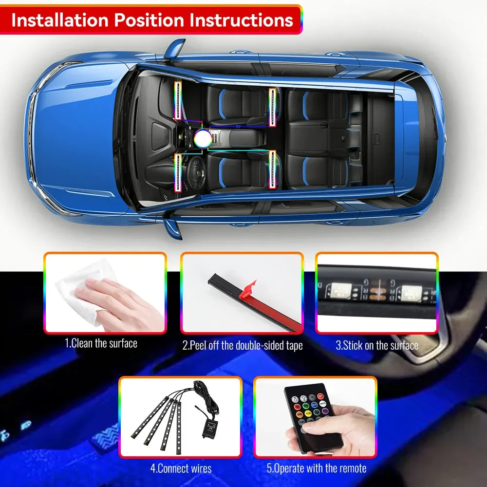 Car LED Interior Ambient Light Kit – 36/48/72 LED Multicolor Neon Strips with Remote & App Control”