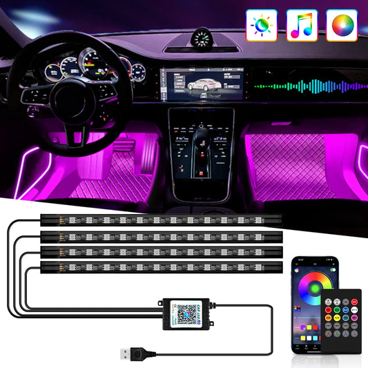 Car LED Interior Ambient Light Kit – 36/48/72 LED Multicolor Neon Strips with Remote & App Control”