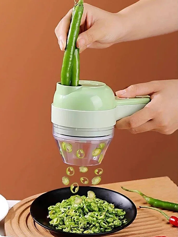 4-in-1 Handheld Electric Vegetable Cutter – Multifunctional Food Chopper, Slicer & Grinder”