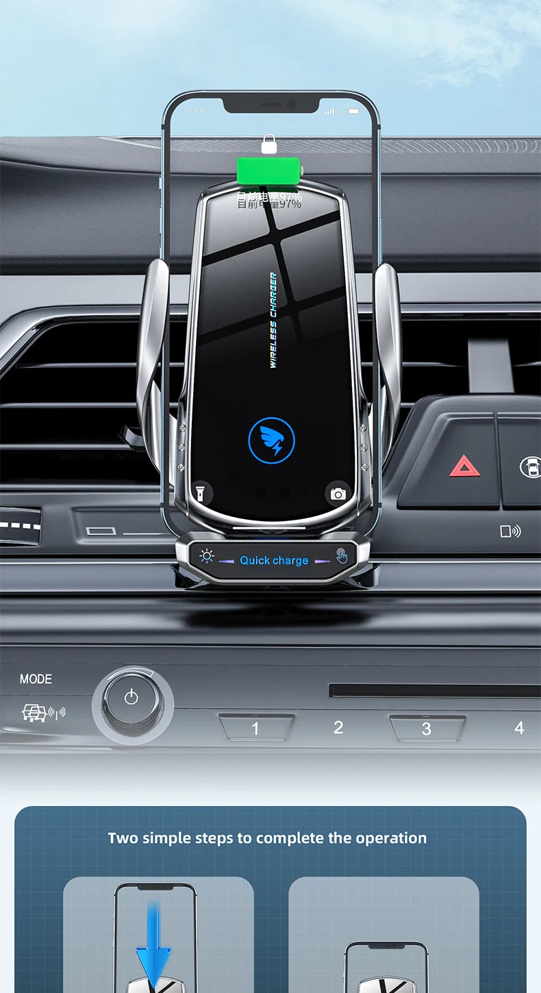 Wireless Car Charger Phone Holder – Fast Charging Air Vent & Dashboard Mount with Auto-Clamp”