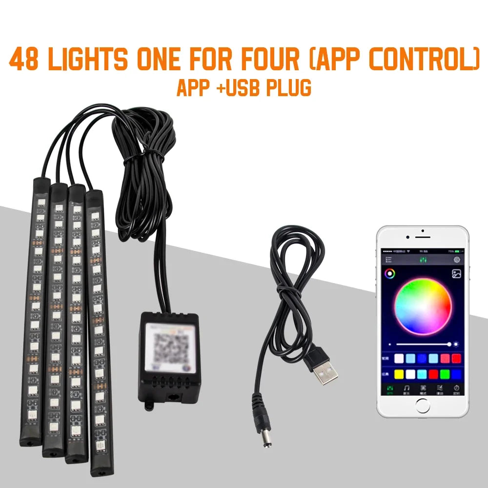 Car LED Interior Ambient Light Kit – 36/48/72 LED Multicolor Neon Strips with Remote & App Control”