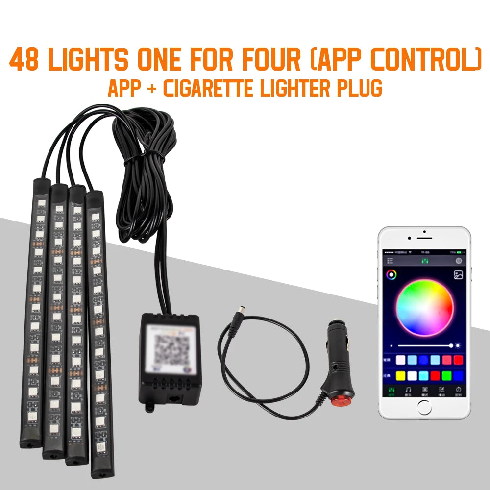 Car LED Interior Ambient Light Kit – 36/48/72 LED Multicolor Neon Strips with Remote & App Control”
