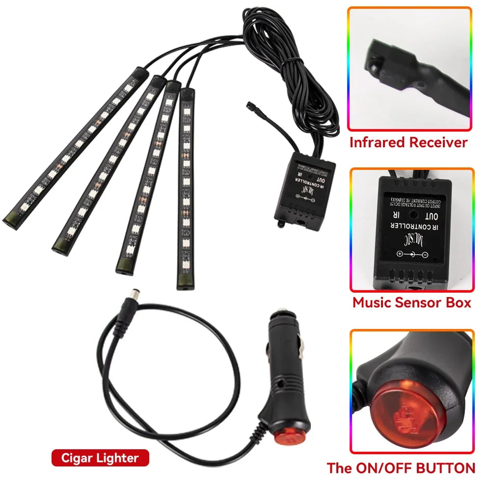 Car LED Interior Ambient Light Kit – 36/48/72 LED Multicolor Neon Strips with Remote & App Control”