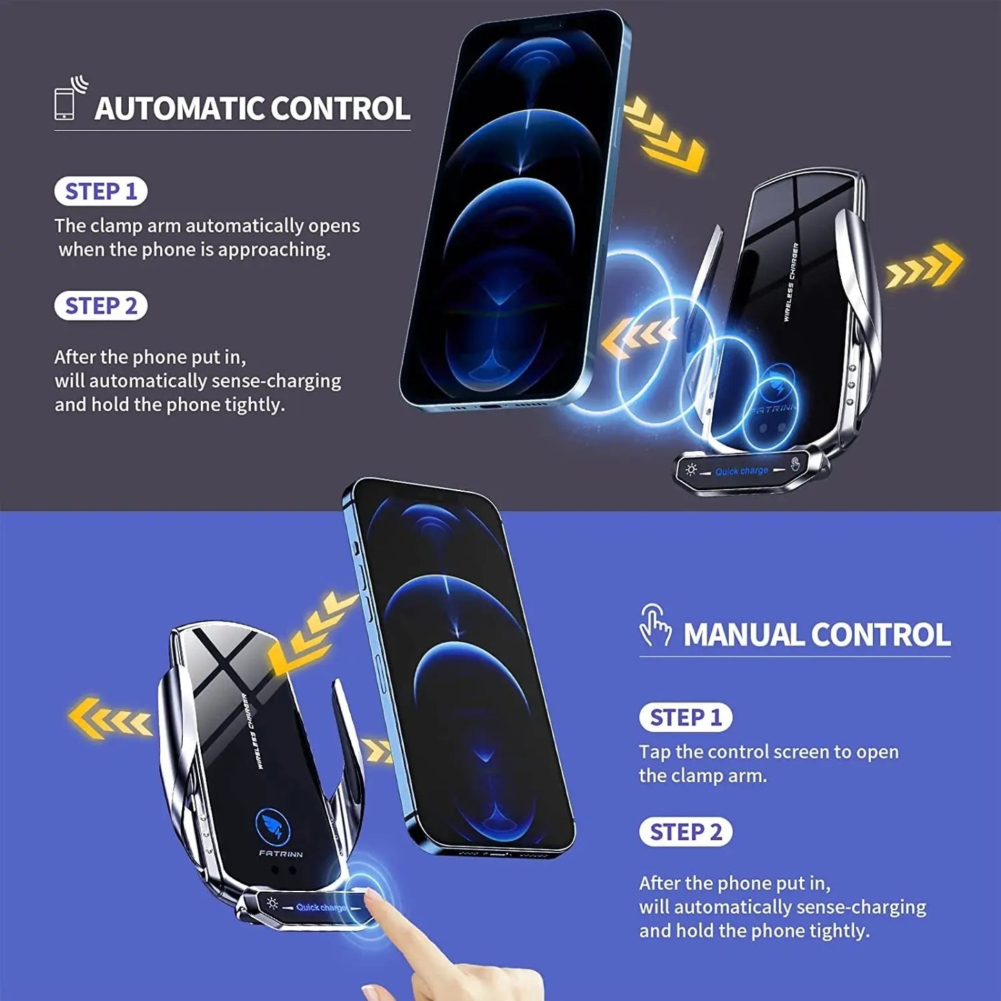 Wireless Car Charger Phone Holder – Fast Charging Air Vent & Dashboard Mount with Auto-Clamp”