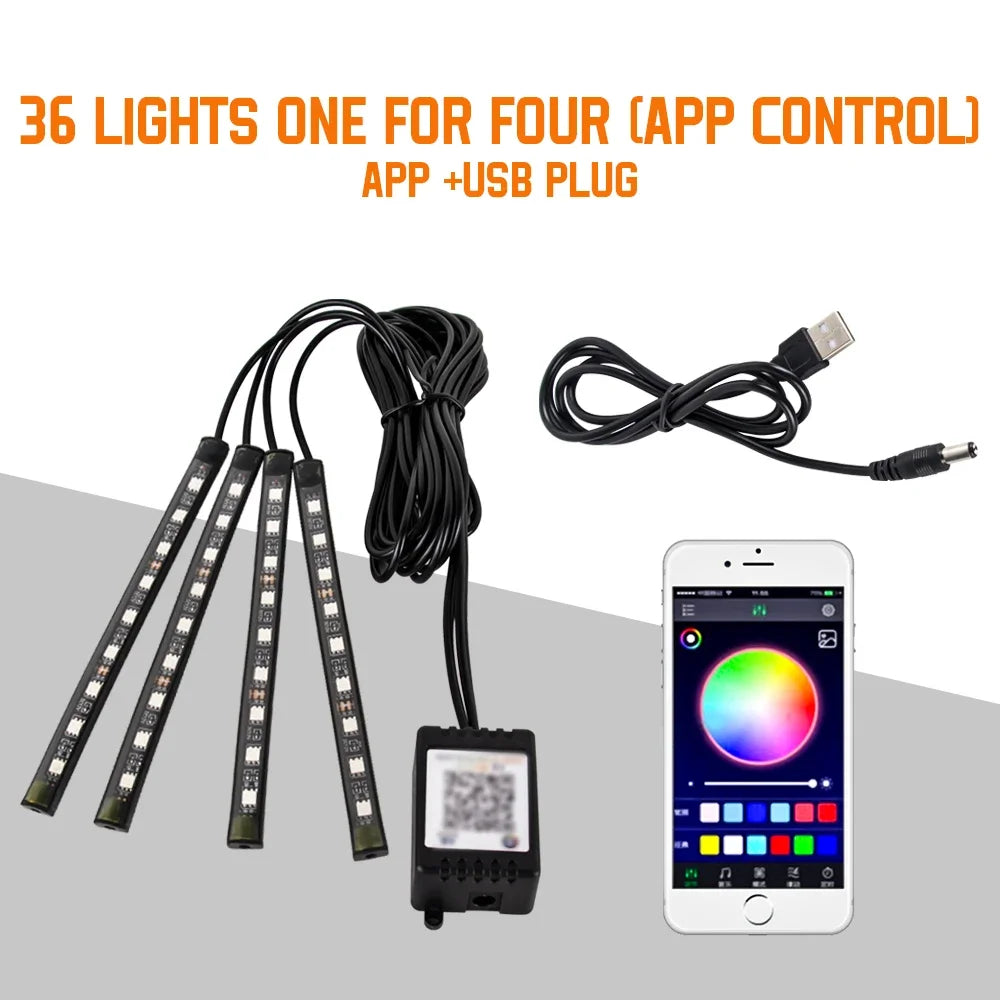 Car LED Interior Ambient Light Kit – 36/48/72 LED Multicolor Neon Strips with Remote & App Control”