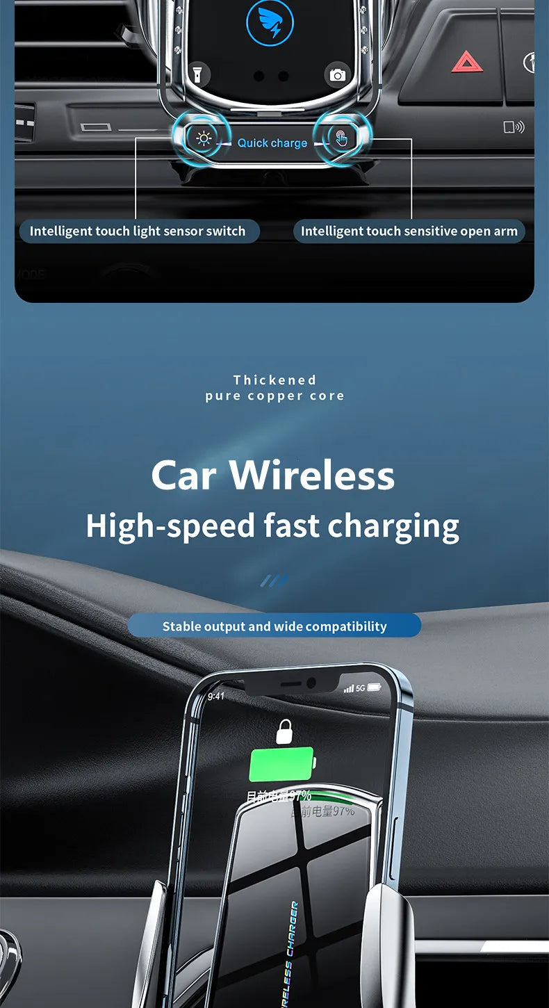 Wireless Car Charger Phone Holder – Fast Charging Air Vent & Dashboard Mount with Auto-Clamp”