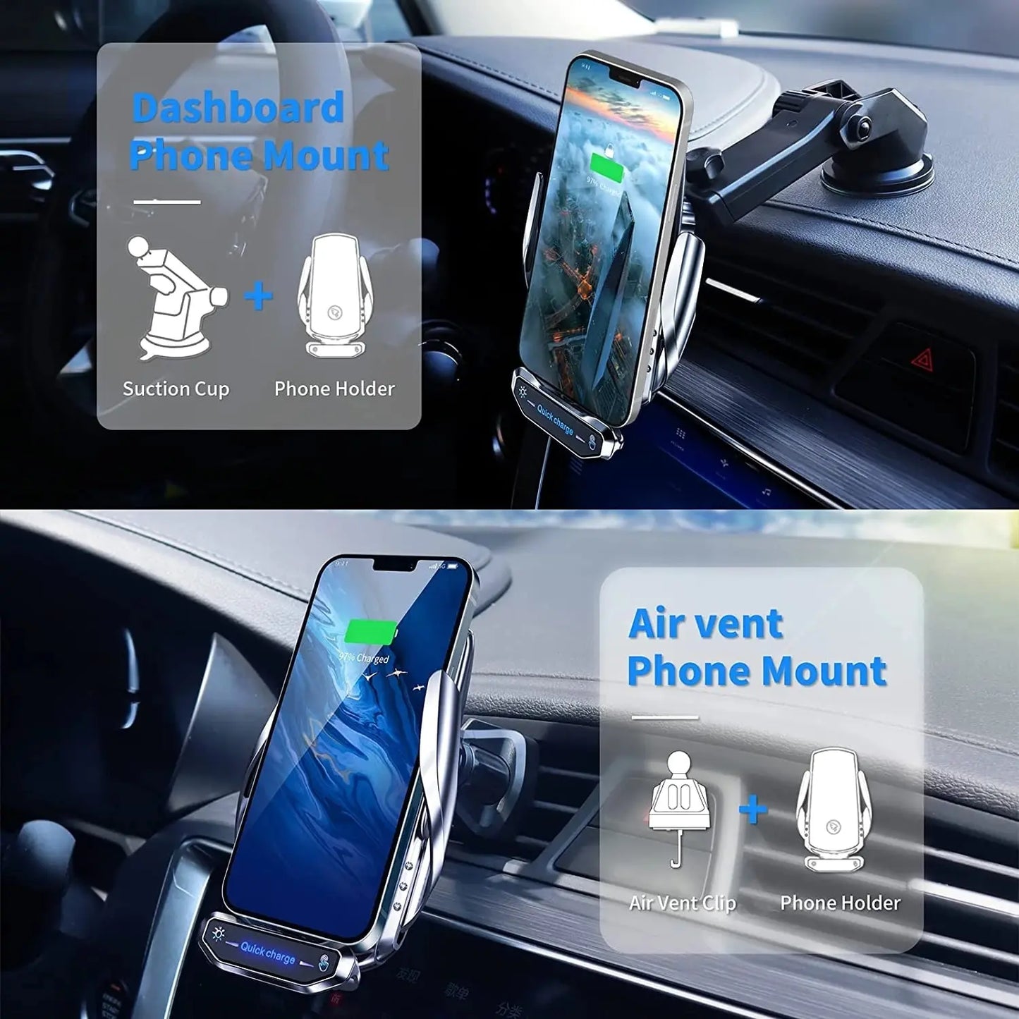 Wireless Car Charger Phone Holder – Fast Charging Air Vent & Dashboard Mount with Auto-Clamp”