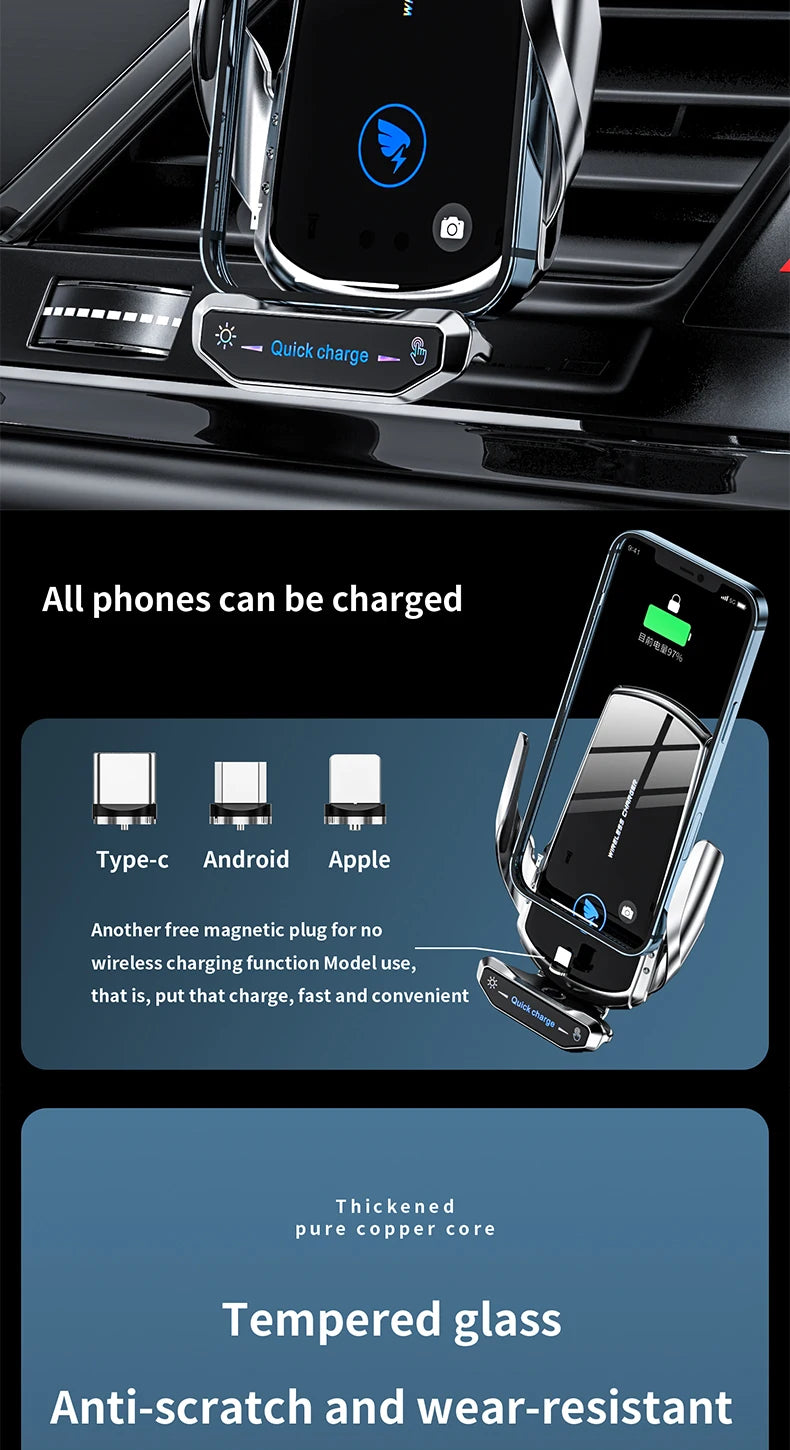 Wireless Car Charger Phone Holder – Fast Charging Air Vent & Dashboard Mount with Auto-Clamp”