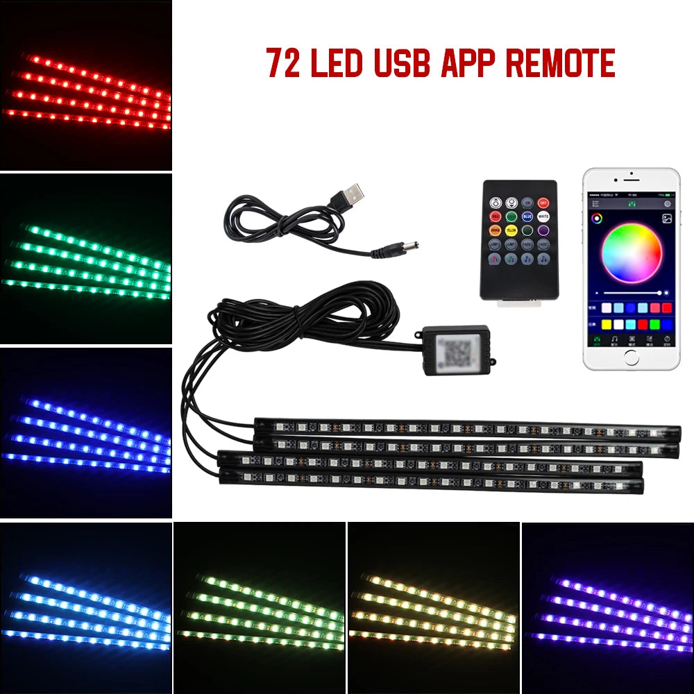 Car LED Interior Ambient Light Kit – 36/48/72 LED Multicolor Neon Strips with Remote & App Control”